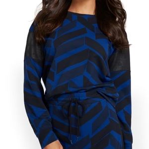 Blue/Black Faux-Leather Panel Geometric-Print Pullover